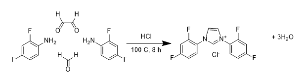 A chemical reaction scheme for the synthesis of fluorinated NHCs from two molecules of a fluorinated amine, glyoxal and formaldehyde